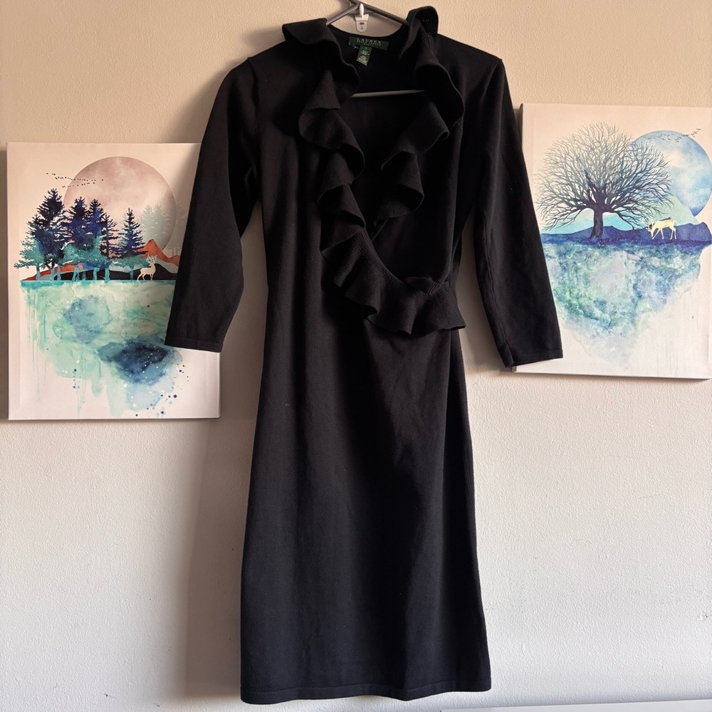 RALPH LAUREN Ruffle Knit Cotton Blend Knee Length Long Sleeve Dress Small